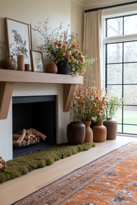 If your fireplace mantel is looking a little tired, then spruce it up with these tips on how to get it looking spring-like and ready for a new year. Flowers In Fireplace, Fireplace Plants Decor, Mantle Piece Ideas, Mantle Colors, Boho Fireplace Mantle, Boho Fireplace Mantle Decor, Mantel Decorating Ideas, Turquoise Room, Mantle Ideas