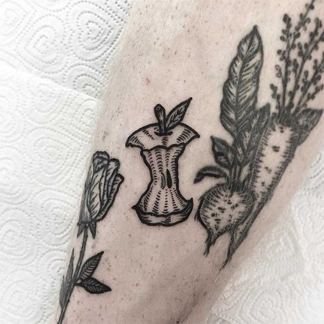 Apple Core Tattoo, Bad Apple Tattoo, Core Tattoo, Apple Tattoo, Filler Tattoo, Cage Tattoos, Apple Core, Belly Tattoos, Ribcage Tattoo