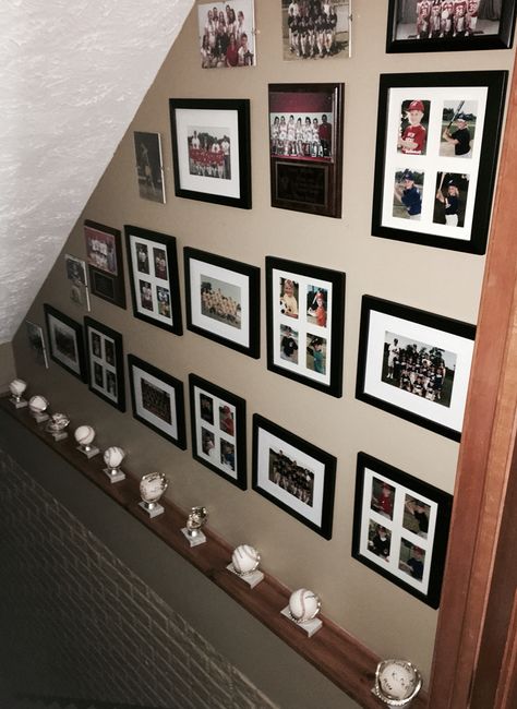 Displaying Sports Pictures, Sports Pictures Display, Displaying Family Pictures, Stairway Gallery, Sports Display, Kitchen Lighting Over Table, Man Cave Ideas, Keepsake Ideas, Sport Pictures