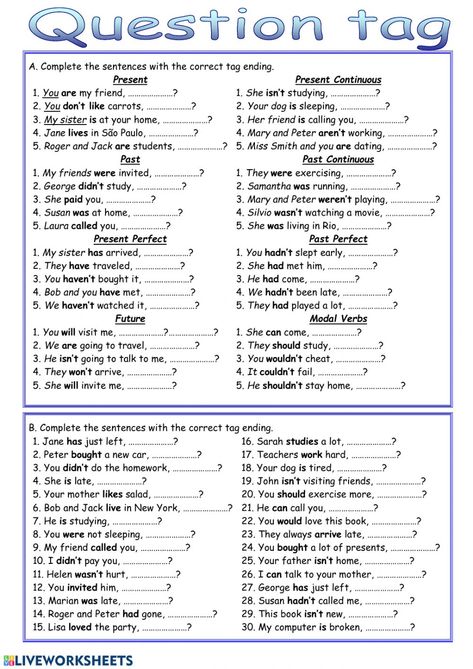 Question tags worksheet by dujicka Grade 8 English Worksheets Grammar Lessons, Question Tags Worksheet With Answers, Question Tags Grammar, Tag Questions Grammar, Grade 10 English Worksheets, Grade 8 English Worksheets, Tag Questions Worksheets, Question Tags Worksheet, Question Tag