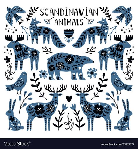 Scandinavian Animals, Nordic Animals, Folk Illustration, Modern Folk Art, Branch Vector, Arte Folk, Deer Illustration, Scandinavian Pattern, Folk Design