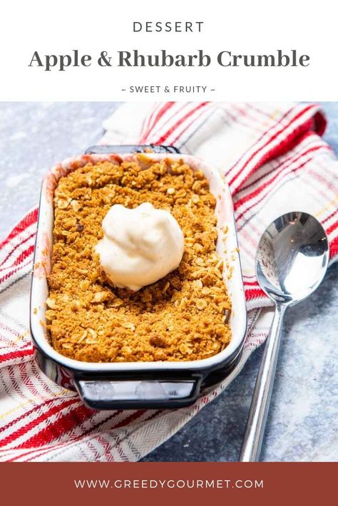 Apple and Rhubarb Crumble - an easy fruit crumble recipe everyone loves | apple crumble recipe | apple rhubarb crumble recipe | apple recipes | apple and rhubarb | #crumble #desserts #appledesserts Fall Rhubarb Recipes, Rhubarb Crumble Recipe, Apple And Rhubarb Crumble Recipes, Apple Rhubarb Crumble, Dutch Oven Rhubarb Crisp, Apple And Rhubarb Crumble, Rhubarb Apple Crisp, Rubarb Deserts Crisp, Sugar Free Apple Crisp