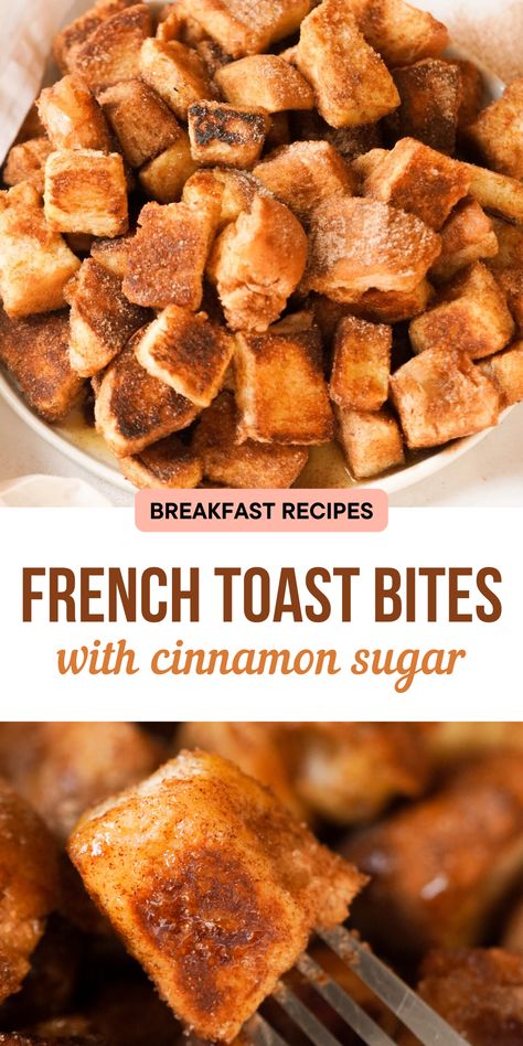 French Toast Bites are the best sweet treat breakfast! Made with thick white bread and a tasty cinnamon sugar coating … this bite sized recipe is crispy, crunchy on the outside and pillowy soft on the inside. They’re a quick, easy, fun, and delicious breakfast for kids and special occasions! Oatmeal Egg, Crispy French Toast, French Toast Bites, Breakfast Ideas Recipes, Egg Bakes, Bite Size Food, French Toast Bake, Cinnamon Bread, French Toast Recipe