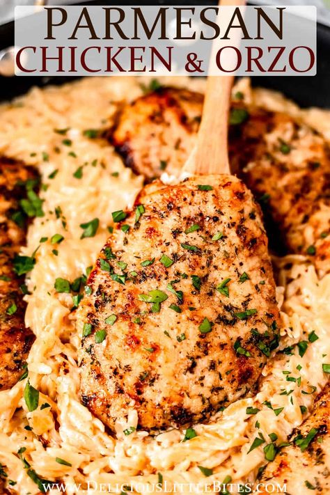 Creamy Parmesan Chicken Orzo Skillet is a rich, comfort food meal that's easy to make any night of the week. Juicy chicken and creamy, savory Parmesan orzo pasta combine deliciously in this skillet recipe. This versatile dish can be served with a side of veggies, or you can mix in a variety of vegetables, like steamed broccoli or fresh spinach, to make it a one-pan meal. Creamy Chicken Orzo With Spinach, Orzo Skillet Recipes, Parmesan Chicken Orzo, One Pan Dinners Chicken, Chicken Orzo Skillet, Parmesan Orzo Pasta, Orzo Recipes Healthy, Bow Pasta, Creamy Orzo Recipes