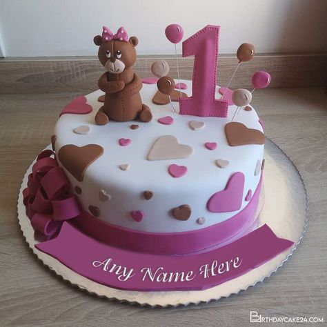 Lovely Bear 1 Year Old Birthday Cake With Name Editing For Baby Girl One Year Birthday Cake Girl, Birthday Cakes For Baby Girls 1st, Birthday Cake For One Year Old Girl, Birthday Cake For 1 Year Girl, 1 Birthday Cake Girl, Cake For 1 Year Girl, Baby Girl 1st Birthday Cake Ideas, Cake For One Year Old Girl, Baby First Birthday Cake Girl