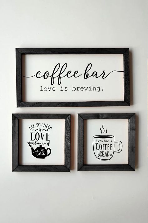 ☕ Rustic Coffee Bar Wall Decor Set Turn your coffee corner into a cozy and inviting space with this beautifully crafted handmade 3-piece framed wall art set. Designed for those who love coffee, tea, and inspiring mottos, this farmhouse-style kitchen decor adds a warm touch to your home, café, or office! 🌟 Product Features: ✅ Material: High-quality 3mm MDF for a long-lasting, premium look ✅ Print Quality: UV printing technology with harmless, eco-friendly ink ✅ Frame: Handmade wooden frame (1 cm Coffee Bar Wall Decor, Rustic Coffee Bar, Farmhouse Style Kitchen Decor, Coffee Bar Wall, Coin Café, Coffee Corner, Coffee Lover Gift, Farmhouse Style Kitchen, Bar Wall Decor