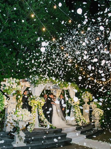 Bride and groom first kiss with flower petals - can be used as Bride and Groom leave church or enter reception area - use confetti cannons filled with rose petals Rose Petal Confetti, Petal Confetti, Boda Mexicana, Wedding Petals, Amazing Weddings, Wedding Top, Wedding Confetti, Shabby Chic Wedding, Romantic Roses