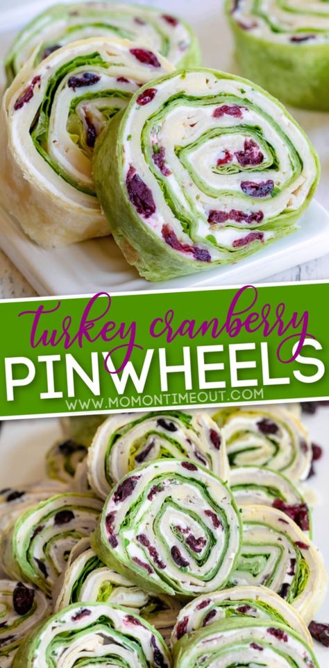 These Turkey Cranberry Pinwheels are the perfect appetizer! Deliciously creamy with a hint of sweetness, this simple tortilla roll ups recipe is sure to be a hit with friends and family! // Mom On Timeout #pinwheels #tortillarollups #turkey #cranberry #appetizer #recipe #easyappetizer