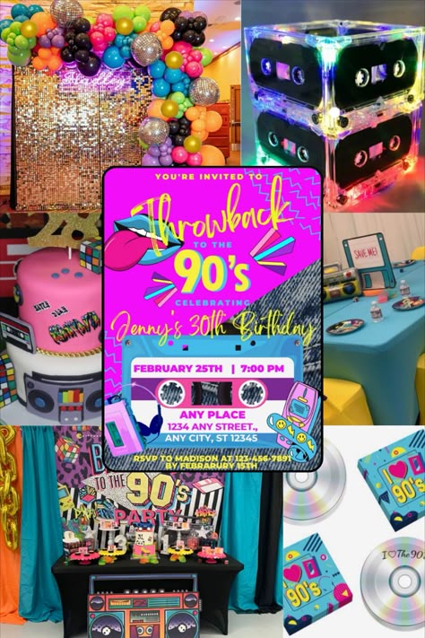 Want to create a memorable 90's themed bash? Think bright colors, funky patterns, and iconic 90's symbols. Start by matching your invitation style with your decorations! A 90's inspired invite featuring neon colors, cassette tapes, and boombox graphics sets the mood before the party even begins. It’s like a sneak peek of what’s in store! Let the throwback celebration begin!

#UpscaledCreation #90sParty #ThrowbackInvites #PartyPlanningTip 90's Theme Graduation Party, 90’s Party, 90s Birthday Party Theme For Adults, 90s Birthday Party, 90s Themed Party, 90s Birthday, Throwback Party, Hip Hop Hooray, Funky Patterns