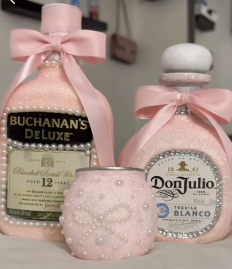 Baddazle Alcohol Bottle, Buzz Ball Decorated, 21st Bottle Ideas, Sparkly Liquor Bottles, Don Julio Bottle Decorated Pink, Decorated Buzz Ball Drink, Pink Don Julio Bottle, Liquor Bottle Decorating Ideas, Blinged Out Bottles