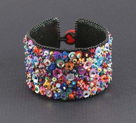 Fabric Cuff Bracelet, Embroidered Cuffs, Sequin Crafts, Embroidered Bracelet, Fabric Bracelets, Fiber Jewelry, Craft Show, Button Ring, Beaded Cuff