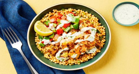 Couscous Lunch, Couscous Bowls, Shrimp Couscous, Lemon Dill Chicken, Dill Chicken, Chicken Couscous, Lemon Dill Sauce, Greek Vinaigrette, Creamy Yogurt