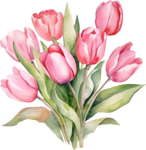 Pink Tulip Bouquet Flowers Watercolor. AI Generated Pink Tulips Bouquet, Flower Border Clipart, Garden Clipart, Tulips Art, Watercolor Tulips, Spring Clipart, Watercolor Sunset, Watercolor Bouquet, Decoupage Vintage