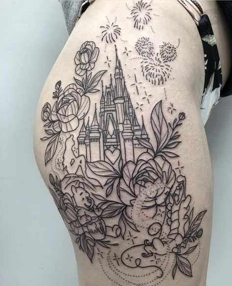 Floral Disney Castle Tattoo, Thigh Disney Tattoo, Disney World Coordinates Tattoo, Disney Quarter Sleeve Tattoo, Disney Tattoos Sleeve Leg, Disney Full Sleeve Tattoo, Disney Tattoos Thigh, Disney Shoulder Tattoos For Women, Disney Sleeve Tattoo Black And White