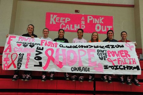 Pink gear for athletes is now cool to wear, also has significance ... Dig Pink Volleyball Ideas, School Spirit Ideas Pep Rally, Volleyball Locker Decorations, Cheerleading Signs, School Spirit Posters, Dig Pink, Rally Idea, Cheer Banquet, School Spirit Days