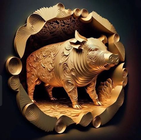 Pig Zodiac, Lightbox Art, Peacock Wall Art, Gold Car, Gold Furniture, 3d Figures, Animal Portraits Art, Concrete Art, Gold Beauty