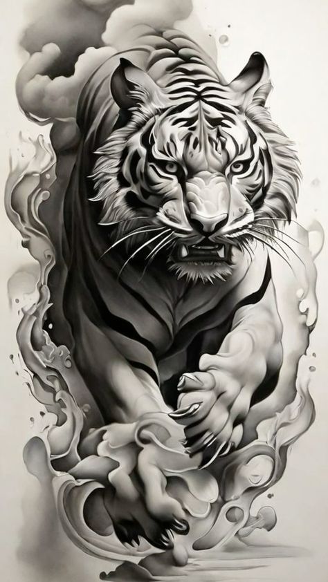 Jumping Tattoo, Arm Tattoos Tiger, Japanese Tattoos For Men, Big Cat Tattoo, Samurai Tattoo Design, Lion Head Tattoos, Tiger Tattoo Design, Shiva Tattoo Design, Lion Tattoo Design