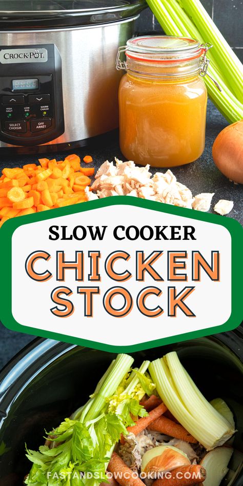 Slow Cooker Chicken Stock - Fast and Slow Cooking Chicken Stock In Crockpot, Crock Pot Chicken Stock, Slow Cooker Chicken Stock, Chicken Stock Crock Pot, Chicken Stock Recipe Crock Pot, Ina Garten Chicken Stock, Chicken Stock From Rotisserie Chicken, Crockpot Chicken Stock, Chicken Wings Crockpot