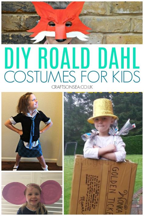 DIY Roald Dahl Costumes for Kids - perfect for World Book Day World Book Day Costumes Roald Dahl, Rhold Dahl Costumes, Matilda World Book Day, Roald Dahl Witches Costume, Roald Dahl Costumes Diy, Roald Dahl Costumes Kids, Diy World Book Day Costumes, Roald Dahl Characters Costumes, Roald Dahl Dress Up