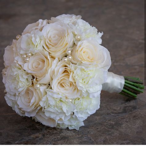 Bridal Bouquet With Carnations, White Roses And Carnations Bouquet, Carnation And Rose Bouquet, Bride Rose Bouquet, Rose And Carnation Bouquet, Wedding Bouquet With Pearls, Carnation Wedding Bouquet, Bridal Bouquet Classic, Carnation Wedding Flowers