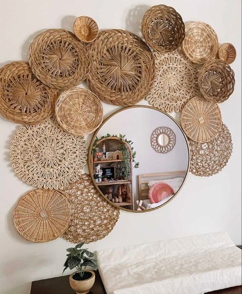 Nursery basket wall Mirror And Frames On Wall Decor, Round Mirror And Baskets On Wall, Basket Wall With Mirror, Entryway Boho, Mexican Restaurant Decor, Woven Basket Wall Decor, Nursery Basket, Brown Bedroom Decor, Boho Basket