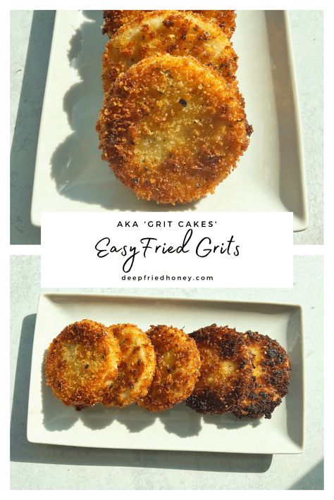 Fried Grits, also called Grit Cakes, are the perfect way to use up leftover grits and have a crunchy, creamy side option for your brunch! #recipe #southernfood #grits #friedgrits #deepfriedhoney Quick Grits Recipe Breakfast, Recipes For Grits, Grits Cakes Fried, Leftover Grits Recipes, Grit Cakes Fried, Leftover Grits What To Do With, Grits Patties, Fried Grit Cakes Recipe, Fried Grits Cakes