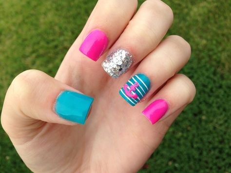 Hot pink, teal and anchor summer nails. Teal And Pink Nails Acrylic, Pink And Teal Nails, Hot Pink And Turquoise Nails, Hot Pink And Teal Nails, Pink And Teal Beach Nails, Bright Pink And Teal Nails, Pink Purple Teal Nails, Teal Nail Designs, White Summer Nails