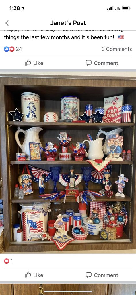 4th Of July Shelf Decor, Patriotic Booth Display, 4th Of July Vignettes, Vintage 4th Of July Decor, Vintage 4th Of July Decorations, Vintage Patriotic Decor, Vintage Patriotic Decorations, Patriotic Vignette, 4th Of July Front Porch Decor