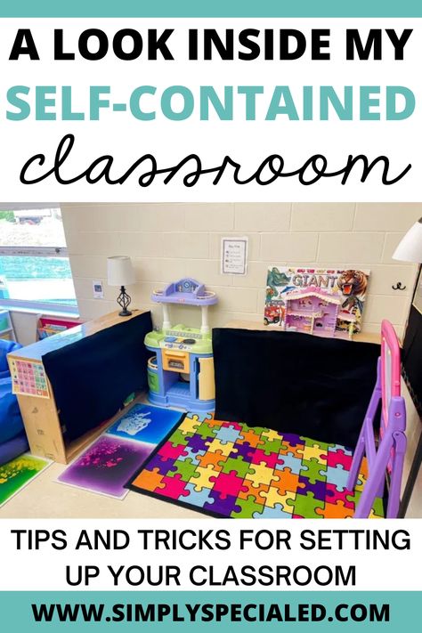 Are you wondering how to set up your self-contained classroom in a way that provides a safe and welcoming environment for your special education students? In this post, I am sharing classroom organization tips, classroom setup ideas, and how to color code your classroom. I show you how I set up my whole group center for morning meeting and social skills, as well as small group and independent centers throughout the day. I also share my task box center and how I set up students visual schedules. Social Skills Classroom Set Up, Small Classroom Centers Setup, Severe And Profound Classroom Set Up, Small Special Ed Classroom Setup, Small Sped Classroom Setup, Cbi Classroom Special Education, Pre K Sped Classroom, Sped Classroom Centers, Special Day Classroom Set Up