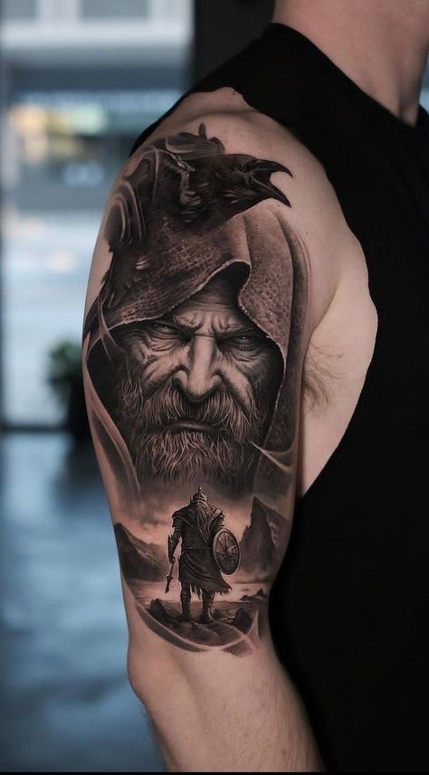 Odin Tattoo Design, Odin Tattoos, Tattoo Odin, Odin Tattoo, Rabe Tattoo, Viking Warrior Tattoos, 30 Tattoo, Norse Mythology Tattoo, Viking Tattoo Sleeve