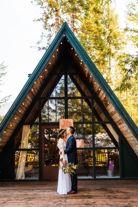 Intimate A-Frame Cabin Wedding at Mount Rainier Washington Mountains, Airbnb Wedding, Cabin Wedding, How To Elope, Wedding Venue Inspiration, A Frame Cabin, Washington Weddings, Mountain Elopement, Oregon Wedding