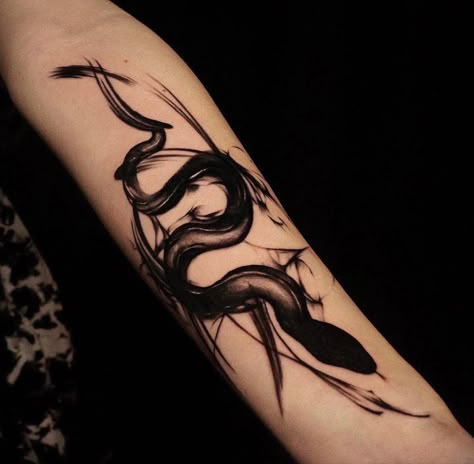 Snake Cover Up Tattoo, Abstract Black Tattoo, Serpent Ankle Tattoo, Abstract Snake Tattoo, Sketch Snake Tattoo, Brush Strokes Tattoo, Brushstroke Snake Tattoo, Masculine Snake Tattoo, Black White Snake Tattoo