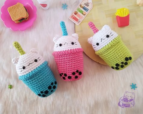 Can You Say Kawaii? Bubble Tea Lovers Will Want To Crochet This Cute Boba Cat Amigurumi | KnitHacker Amigurumi Tiger, Kawaii Amigurumi, Chubby Cat, Crochet Cat Pattern, Cat Amigurumi, Pola Amigurumi, Tiger Pattern, Free Pdf Pattern, Crochet Food