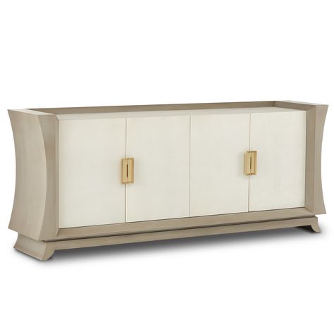 Koji Cream Credenza. Cabinets & Credenzas Oyster Gray/Cream/Brushed Polished Brass Beech Wood/Faux Shagreen/Brass Asian Characters, Brushed Brass Hardware, Mid Century Light, Modern Entertainment Center, Faux Shagreen, Buffets And Sideboards, Accent Chests And Cabinets, Concrete Furniture, Sideboard Designs