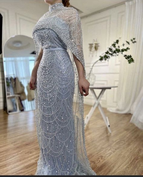 Attire For Wedding, Evening Dress With Cape, Beaded Formal Dress, Long Cape, Haircut Types, Soiree Dress, Elegant Dresses Classy, فستان سهرة, Mermaid Evening Dresses