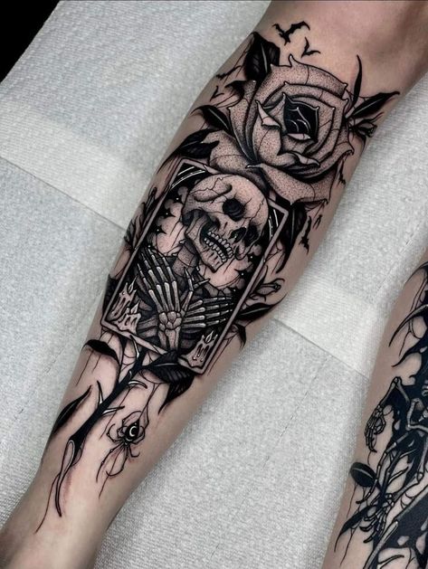 Skeleton Leg Tattoo, Dark Arm Tattoo, Dark Gothic Tattoo Ideas, Skull Leg Tattoo, Gothic Style Tattoos, Cute Halloween Tattoos, Shin Tattoo, Goth Tattoo, Theme Tattoo