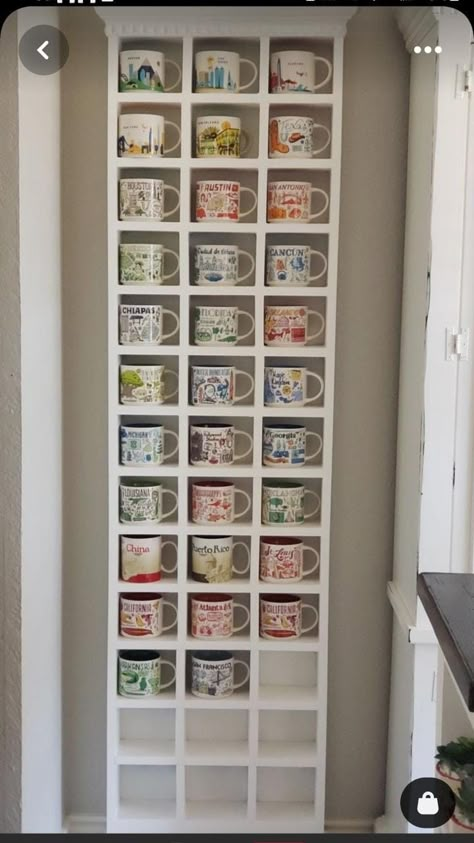 Diy Coffee Cup Display, Display For Coffee Cups, Starbucks Mug Display Shelf, Coffee Mugs Storage Ideas, Starbucks Mug Organization, Mug Collection Display Aesthetic, Starbucks You Are Here Mugs Display, Been There Mugs Display, Starbucks Mugs Collection Display