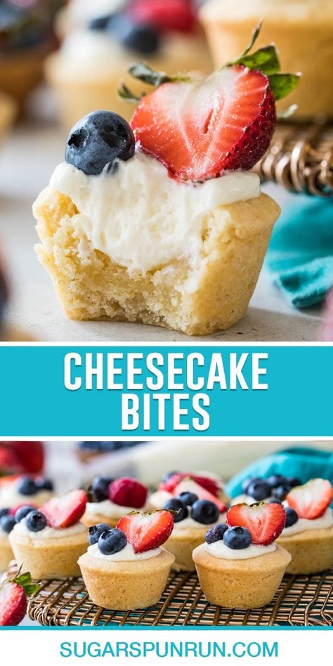 My easy cheesecake bites consist of a simple, no-bake cheesecake nestled in crisp sugar cookie cups. They take just 1 hour to make completely from scratch. Recipe includes a how-to video! Easy Cheesecake Bites, Cheesecake Cookie Cups, Sugar Cookie Cheesecake, Bar Treats, Chocolate Pudding Desserts, Sugar Spun Run, Sugar Cookie Cups, Cookie Cups Recipe, Cheesecake Bites Recipe