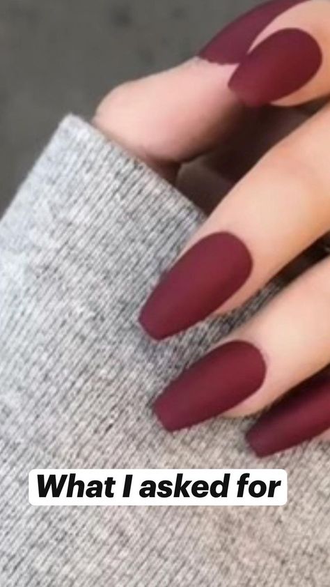 What I asked for | what I got Winter Coffin Acrylic Gel Nails Inspo | Red nails, Nail inspo, Nails Wine Matte Nails, Matte Red Nails Design, Tattoo Off, Acrylic Gel Nails, Sns Nails Colors, Bee Nails, Coffin Acrylics, Nail Art Studio, Sns Nails