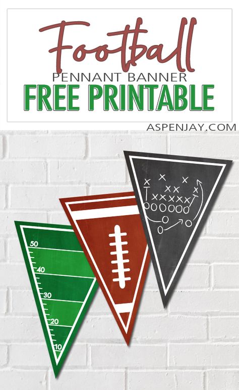 Free football pennant banner printable! Whether you are watching the game from home or celebrating your kid's big football game win, this football banner will be the perfect finishing touch to your event! #footballparty #tailgateparty #footballdecor #footballprintable #footballbanner Diy Football Bedroom Decor, Gold Out Football Game Posters, Free Printable Football Banner, Football Birthday Printables Free, Diy Football Banner, Penalty Flags Printable Free, Sports Themed Birthday Party Ideas Decoration Free Printable, Cricut Football Decorations, Superbowl Printables Free