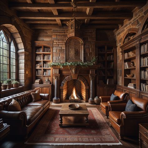 Castle Style Interior, Fancy Home Library, Wizard Home Aesthetic, Castle Living Room Aesthetic, Midevil Room Aesthetic, Old Manor House Interior, Cottagecore Interior Design Living Room, Castle Style Homes Interior, Medieval Home Interior