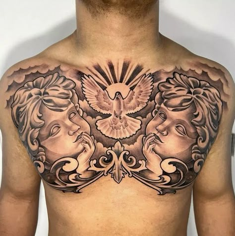 Jesus Chest Tattoo Men, Cherub Chest Tattoo, Chest Tattoo Men Ideas Black Man, Tattoo Ideas Men, Clock And Rose Tattoo, Mens Body Tattoos, Traditional Tattoo Drawings, Cherub Art, Chest Tattoo Ideas