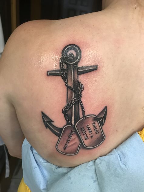 anchor and dog tags tattoo Anchor Dog Tag Tattoo, Anchor With Dog Tags Tattoo, Anchor Memorial Tattoos For Women, Navy Memorial Tattoos, Nautical Wrist Tattoo, Dogtag Tattoo, Dog Tag Tattoo For Men, Navy Tattoo Ideas, Navy Tattoos For Men