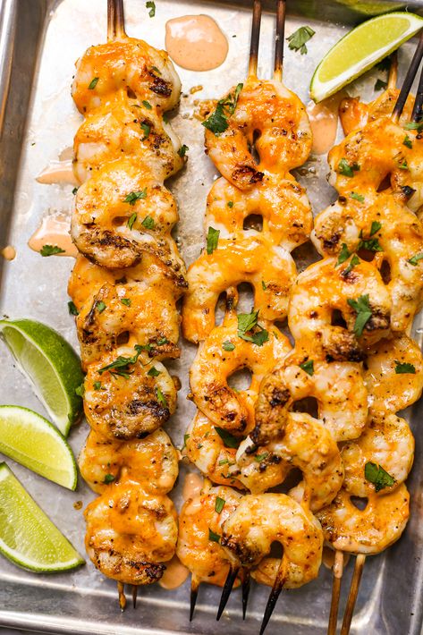 Bang Bang Shrimp Skewers with Sesame Slaw Bang Bang Shrimp Appetizer, Shrimp Recipes For Party, Grilled Bang Bang Shrimp, Healthy Bang Bang Shrimp, Bang Bang Chicken Skewers, Sesame Slaw, Grilled Salmon Tacos, Vegetarian Grilling Recipes, Shrimp Skewer Recipes