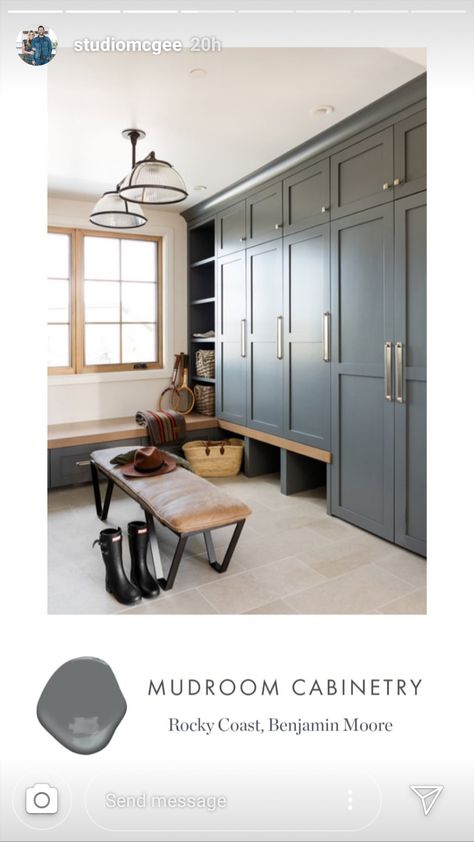 @studiomcgee Rocky Coast, Benjamin Moore Mudroom Remodel, Mudroom Cabinets, Rocky Coast, Mudroom Laundry Room, Mud Room Storage, Mudroom Design, Laundry Mud Room, Studio Mcgee, Laundry Room Design