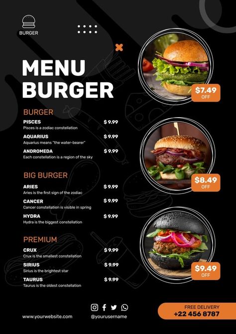 Modern Restaurant Menu Design, For Youtube Banner, Cover Logo Design, Restaurant Menu Card, Menu Burger, Free Menu Templates, Menu Card Design, Big Burgers, Burger Menu