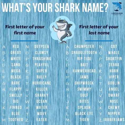 What's your shark name? Leave it in the comments below! 🦈 #LandsharkPromos #SoMobile #WeLoveToPrintStuff #SharkName What Is Your Mermaid Name, What Is Your Shark Name, What’s Your Name Game, Shark Names Ideas, Ocean Themed Names, Whats Your Mermaid Name, What’s Your Name, Whats Your Name Game, Donut Names