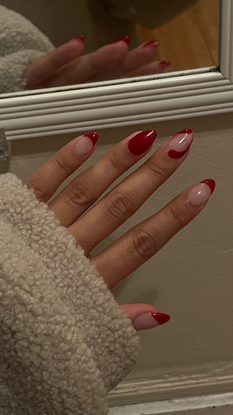 Red Line Nail Art, Red Tip Nails Acrylic, Red Nails Simple Design, Red Nail Ideas Almond, Nails To Go With A Red Dress, Red Minimalist Nails, Red Pattern Nails, Scandinavian Nails, Red Abstract Nails