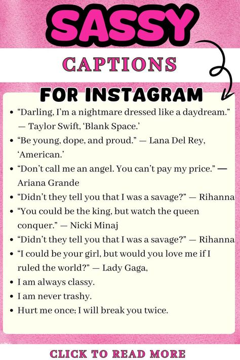 No need to be shy when you're feeling your best! Let the world know with one of these sassy captions for Instagram. Whether you're feeling sassy or sweet, there's a caption for every mood. So go ahead and post that selfie—you know you look good Sassy Captions, Captions For Instagram, Dont Call Me, Mom Help, Easy Kids, Eat Sleep, You Make Me, Nicki Minaj, Instagram Captions