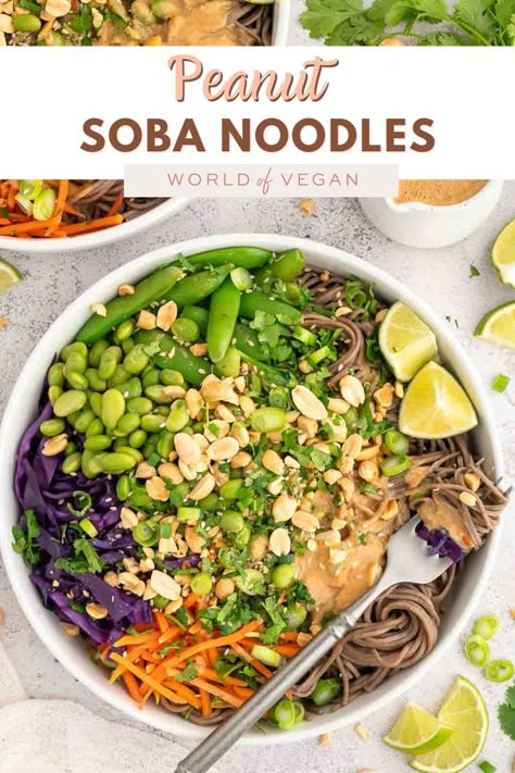 Peanut soba noodles are here to rescue your dinner routine, uniting savory peanut butter and bright vegetables to create a perfect bowl of goodness. Get ready for a brilliantly simple meal that’s faster than takeout and way more satisfying! https://www.worldofvegan.com/soba-noodles/ Peanut Butter Soba Noodles, Yoki Soba Noodles Recipe, Peanut Soba Noodles, Soba Noodle Recipe, Soba Noodle Bowl, Soba Noodles Recipe, Peanut Sauce Noodles, Cold Soba, Shrimp Noodles